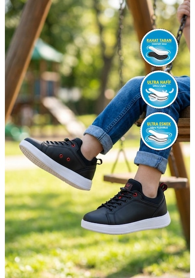 Walkway Siyah-kırmızı Lastik Bağcıklı Comfort Rahat Tabanlı Erkek Çocuk Sneaker Balase F Siyah - Kırmızı