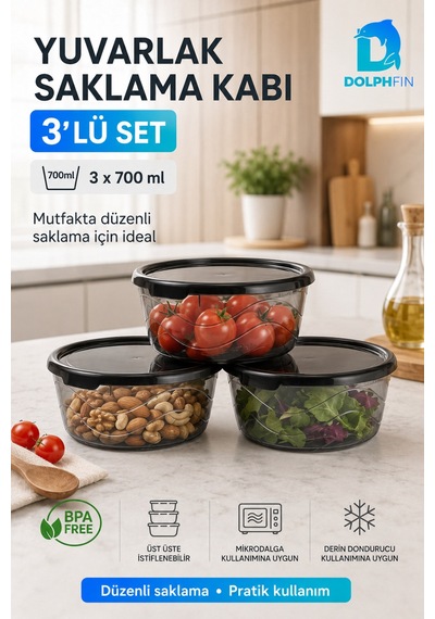 3 Lü Yuvarlak Saklama Kabı Seti 3x700 Ml Füme Şeffaf Siyah Kapaklı Bpa İçermez