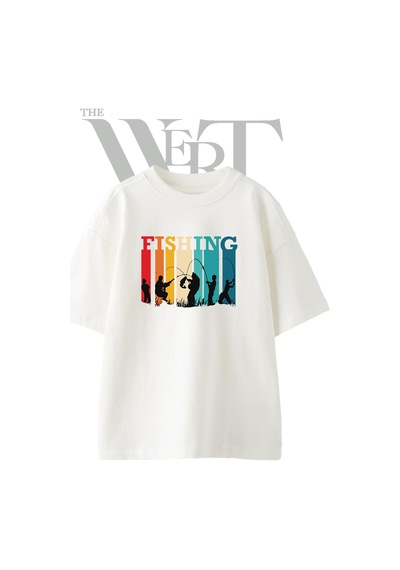 Thewert Fishing Siluet Tasarım Baskılı Ünisex Beyaz Oversize T-shirt