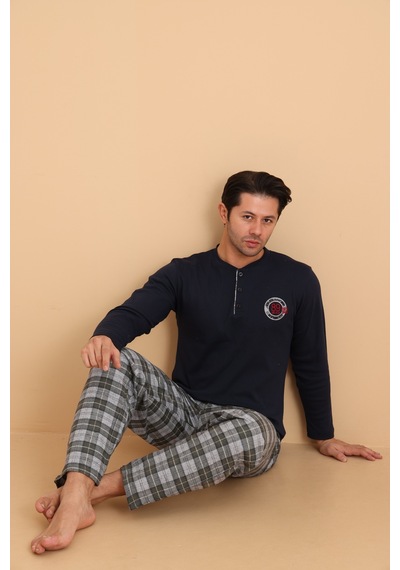Wordex Flk 7014 İnterlok Kışlık Ekose Pijamalı Erkek Pijama Takımı Lacivert