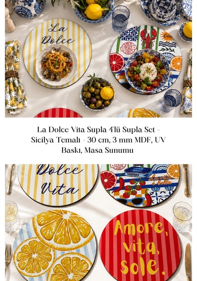 La Dolce Vita Supla 4'lü Supla Set Sicilya Temalı - 30 Cm, 3 Mm Mdf, Uv Baskı, Masa Sunumu Çok Renkli
