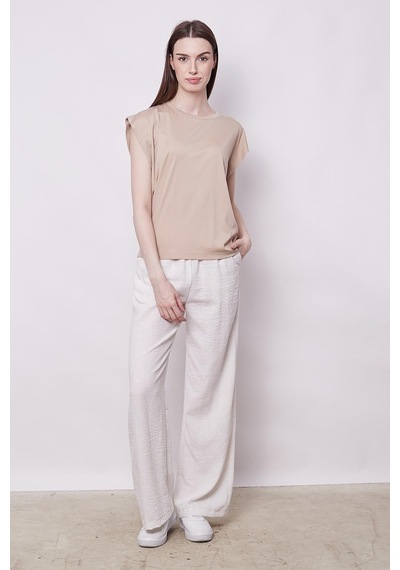 Jument Şık Likralı Span Kumaş Kolsuz Geniş Sıfır Yaka Düşük Omuzlu Basic Tshirt Bluz-koyu Bej K.bej