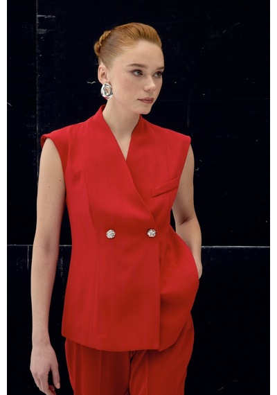 Sateen Anna Çizgili Yelek - Kırmızı-137104 Kırmızı