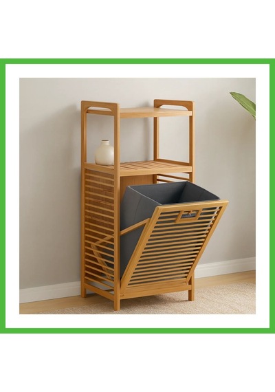 Vaveni 2 Katlı Bambu Çamaşır Sepeti Önden Çek-aç Organizer 40x35x95 Cm Arz