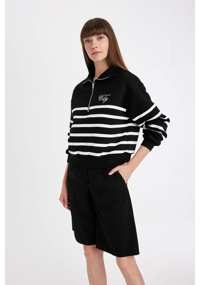 DeFacto Regular Fit Yarım Fermuarlı Dik Yaka Çizgili Kalın Sweatshirt D5297AX24AUBK81