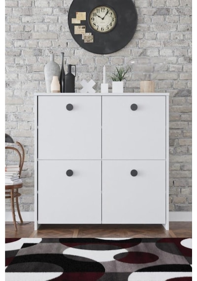 4 Kapaklı 4 Raflı Modern Dekoratif Dolap- Beyaz