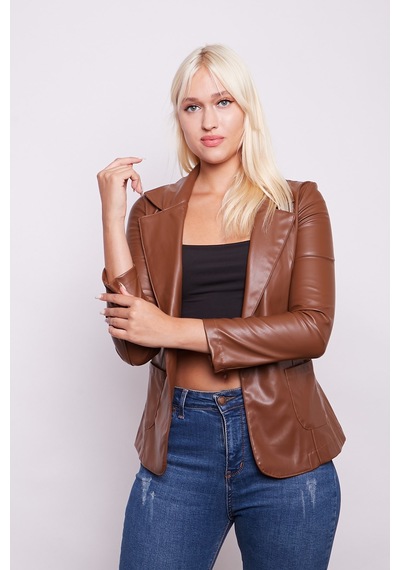 Ekolojik Suni Deri Yakalı Uzun Kol Cepli Blazer Ceket-taba Taba