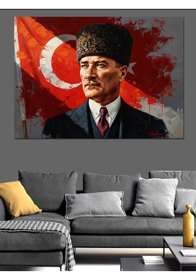 Bayrak Önünde Atatürk Portre Sanatı Dekoratif Kanvas - Mdf Ahşap Tablo