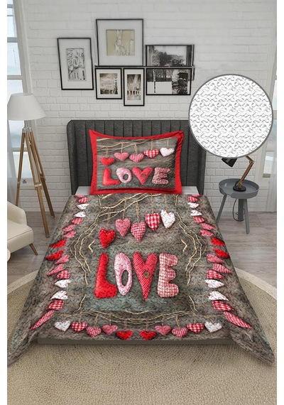 Love Yazılı Kadife Kumaş Kapitoneli Tek Kişilik Yatak Örtüsü Seti 2 Parça Tky0043 Çok Renkli