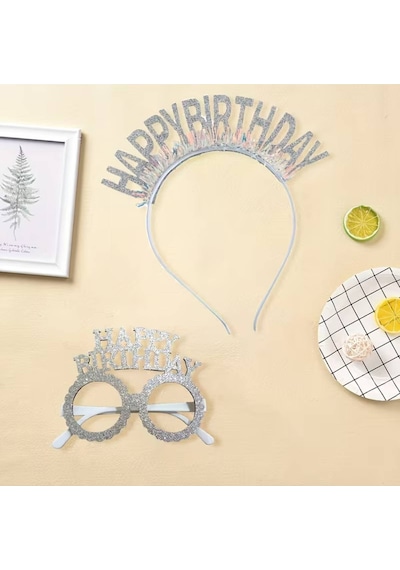 Gri Happy Birthday Simli Doğum Günü Taç Ve Gözlük Seti 2 Li Parti Aksesuarı Fotoğraf Konsepti