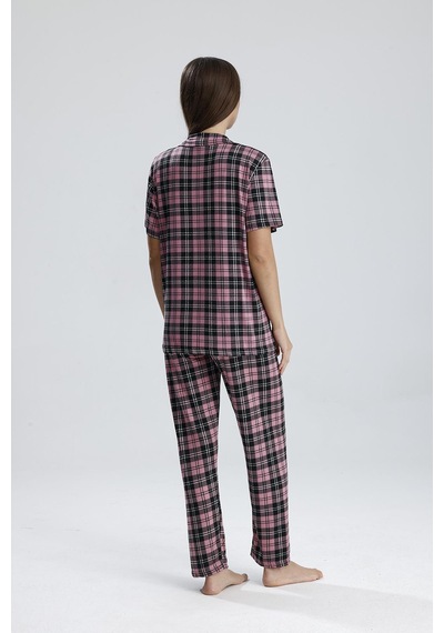 Kompedan Kadın Önden Düğmeli Pijama Takım Ekose Pembe Eks Pembe