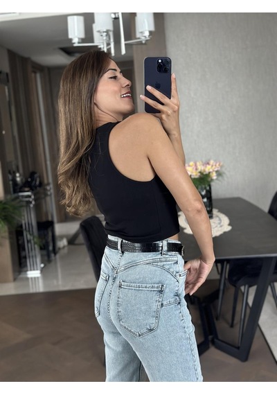Forlady Siyah Önü Dekolteli Arkası Düğme Detay Kaşkorse Crop Body Siyah