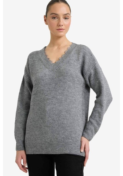 Defacto Oversize Geniş Kalıp V Yaka Triko Kazak G6653ax25wngr156 Gri-gr156