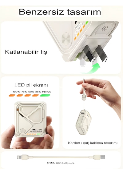 5'in 1 Pd 22.5w Hızlı Şarj Powerbank - 10000mah, Kablolu Ve Kablosuz Standlı Çoklu Fişli Şarj Cihazı Bej