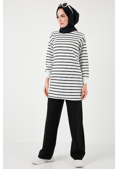 Lela Modest Çizgili Pamuklu Regular Fit Bisiklet Yaka Bayan Tunik 5865784 Beyaz
