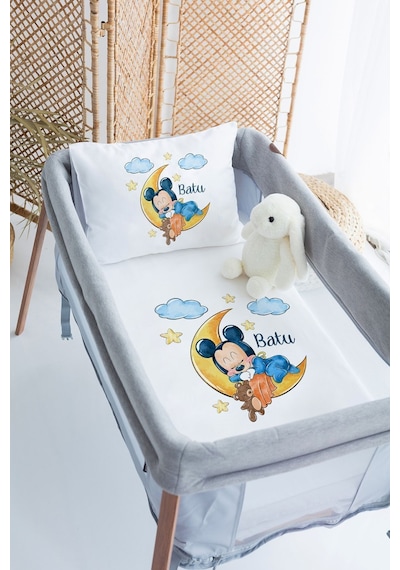 Lilabio %100 Pamuk Saten İsme Özel İsimli 70x120 Park Yatak Nevresim Seti Uykucu Mickey