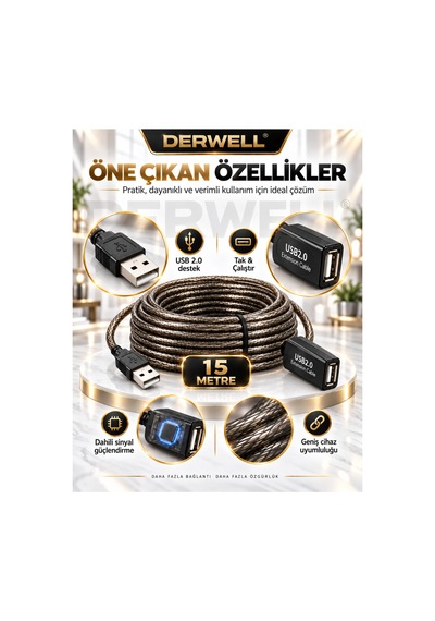 Yeni 2026 15 Metre Usb 2.0 Aktif Uzatma Kablosu Dahili Güçlendirilmiş Sinyal Çipli Kopma Donma Yapmaz Tak Çalıştır Erkek Dişi Yüksek Hızlı Kararlı Veri Aktarım Kablosu Gold Seri Premium