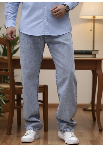 Lyvens Erkek Buz Mavi Baggy Oversize Bol Paça Jean Kot Pantolon Buz Mavi