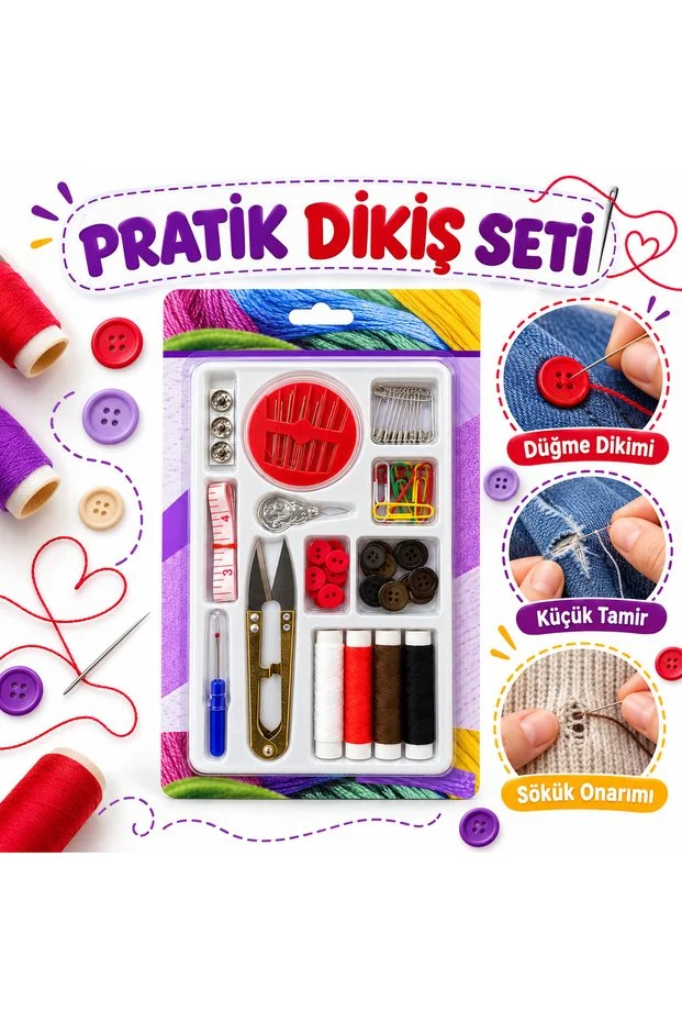 Çok Parçalı Dikiş Seti 4 Renk İplik İğne Makas Mezura Düğme Çengelli İğne Tamir Seti