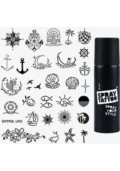Bodrum City Pack Spray Tattoo Geçici Dövme Seti 30 Desen + Sprey Siyah