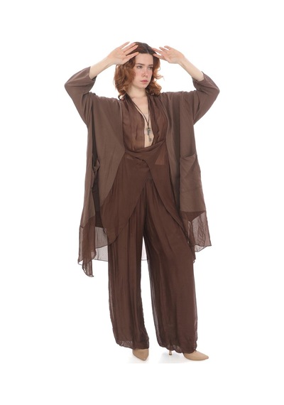 Bohem Stil Italyan Ipek Detaylı Oversize Kap Bluz- Wes Pantolon Takım-8789 Kahverengi Bohem Stil Italyan Ipek Detaylı Oversize Kap Bluz- Wes Pantolon Takım-8789 Kahverengi