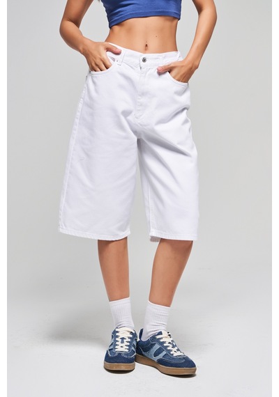 Itsbasic Kadın Beyaz Renk 5s5-2 Maxi Boy Beli Lastikli %100 Koton İç Göstermez Denim Bermuda Şort