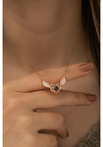 925 Ayar Gümüş 100 Dilde Seni Seviyorum Kalpli Melek Kanadı Kadın Gümüş Kolye Rose Gold
