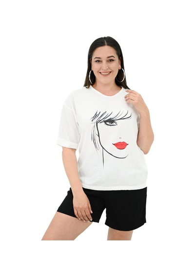 Kadın Büyük Beden Yüz Baskılı T-shirt 1788-25 001