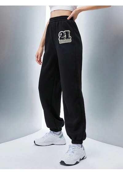 Qutie Letter Graphic Elastic Waist 4 Mevsim Eşofman Siyah
