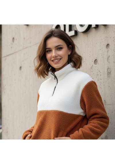 Kadın Yarım Fermuarlı Peluş Sweatshirt Rahat Ve Sıcak Kışlık Üst Kazak Tarçın