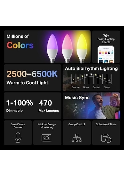 Ayrex Tp-link Tapo L430c / Çok Renkli Akıllı Mum Ampul / 16 Milyon Renk Ve Ayarlanabilir Beyaz / Müzik Senkronizasyo Diğer