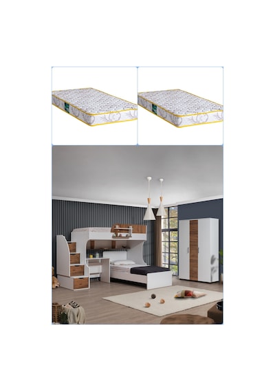 Ranza, Aura Ranza Karyola Masa 3 Kapaklı Dolap + 2 Comfort Yatak Beyaz - Ceviz 90 X 190 CM Ranza, Aura Ranza Karyola Masa 3 Kapaklı Dolap + 2 Comfort Yatak Beyaz - Ceviz 90 X 190 CM