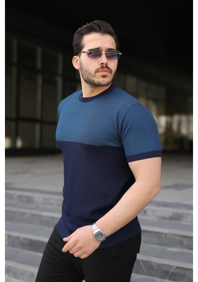 Butik İstanbul Erkek Renk Bloklu Bisiklet Yaka Kısa Kollu Triko Tişört Lacivert