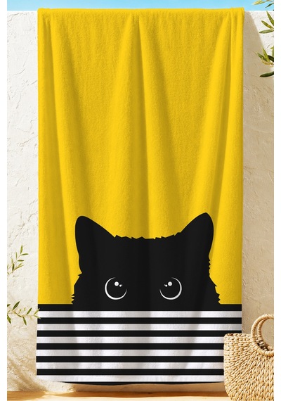 Kedi Temalı Sarı Siyah Çocuk Plaj Havlusu - Çizgili Modern Unisex Hızlı Kuruyan Mikrofiber Havlu Kül Kabuğu