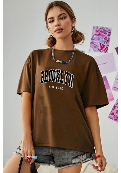 Unisex Brooklyn New York Baskılı Tasarım Tshirt Kahverengi
