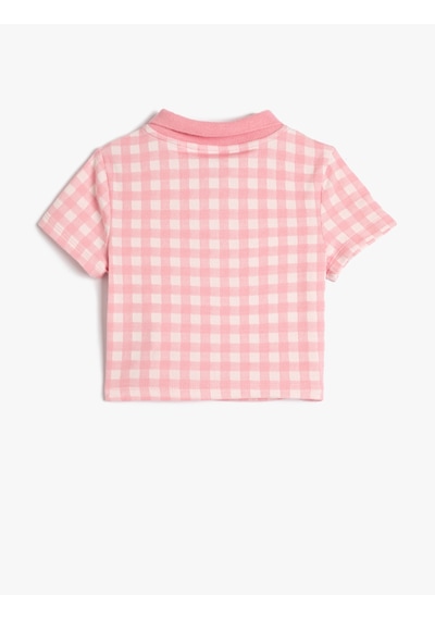 Koton Polo Tişört Crop Kısa Kollu Düğme Detaylı Dar Kalıp Pembe Ekose 3skg10134ak Pembe Ekoseli