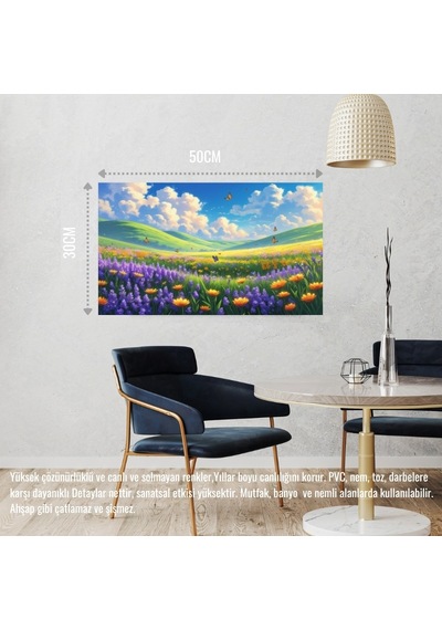 Kelebekler Yabani Çiçekler İçinde Bahar Havası 08 Çerçevesiz 50x30 Cm Pvc Tablo