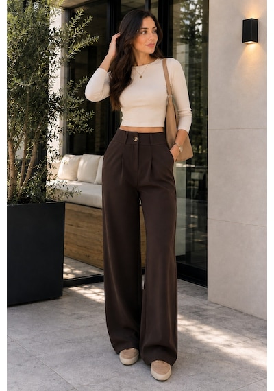 Unika Boutique Kadın Yüksek Bel Pileli Düğme Detaylı Bol Kesim Likralı Palazzo Kumaş Pantolon kahve