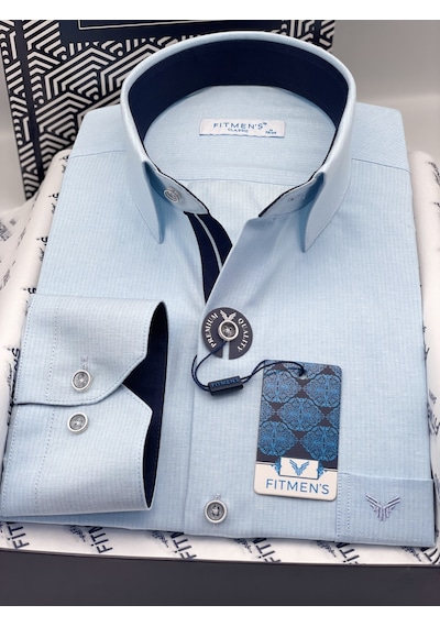 Klasik Uzun Kol Keten Cotton Hediye Kutulu Erkek Gömlek Fs-001261 - Turkuaz-3376