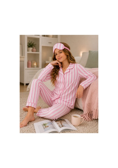 Beka Kids Pembe Çizgili Uzun Kollu Önden Düğmeli Gömlek Yaka Kız Çocuk Pijama Takımı Ve Göz Bandı Beka Kids Pembe Çizgili Uzun Kollu Önden Düğmeli Gömlek Yaka Kız Çocuk Pijama Takımı Ve Göz Bandı
