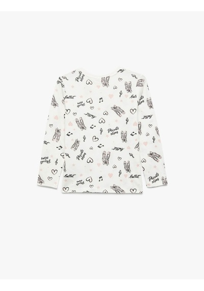 Koton Bisiklet Yaka Bale Baskılı Ekru Kız Çocuk Uzun Kollu T-shirt 6wkg10140ak Ekru