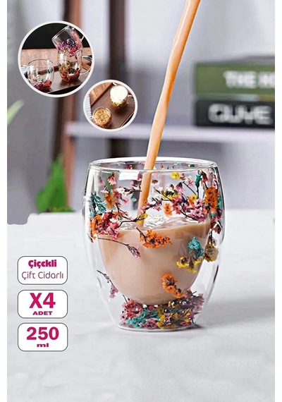 4'lü Çift Cidarlı Çiçekli Bardak Çay Kahve Sunum Bardağı 250ml El Yapımı Flower Cup Borosilikat