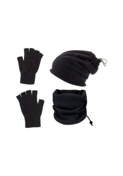 Alfa Polar Bere Ve Boyunluk + Yün Eldiven 3'lü Set Polar Bere Ve Boyunluk + Yün Siyah