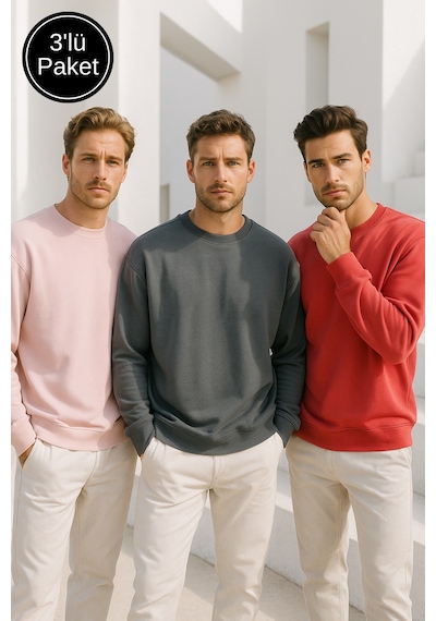 Rich Erkek 3'lü Paket Antrasit- Pudra- Nar Çiçeği Bisiklet Yaka Scuba Sweatshirt Antrasit