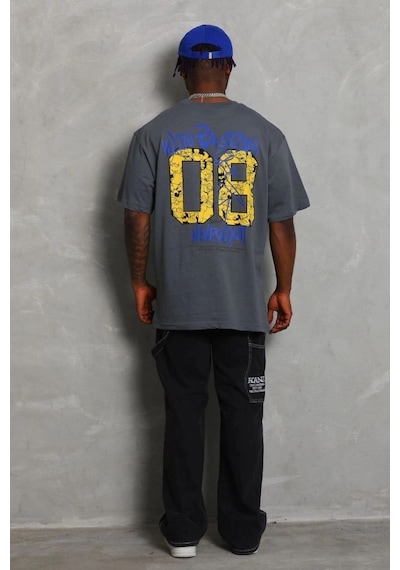 Erkek Baskılı Tişort Kısa Kol Bisiklet Yaka Oversize T-shirt - Füme