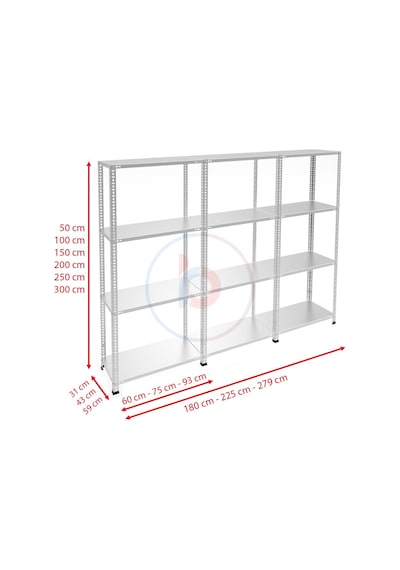 Raf Burada  4 Katlı 3'lü Galvaniz Çelik Raf - Depo, Arşiv, Kiler, Dosya, Market Rafı-59x75 cm-250 cm-1.00 mm