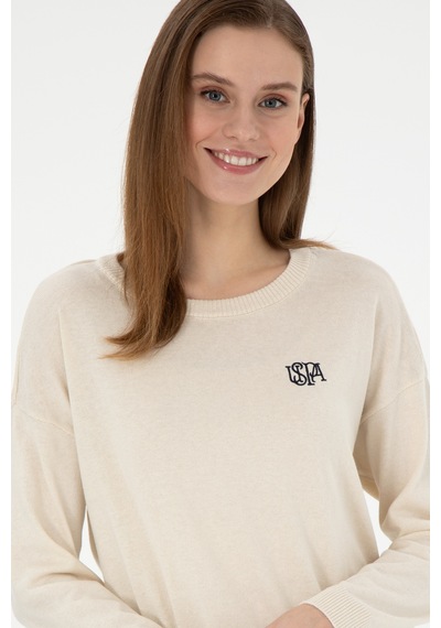 U.S. Polo Assn. Kadın Krem Melanj Bisiklet Yaka Kazak 50297132-VR159