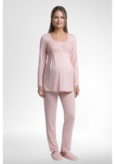 Mecit Pijama Mecit 6402 Kadın Pudra Dantel Pelerin Hamile Lohusa Pijama Takımı