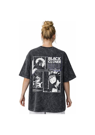 Tasarım Black Clover Anime Sırt Baskılı Unisex Oversize Vintage Y Siyah