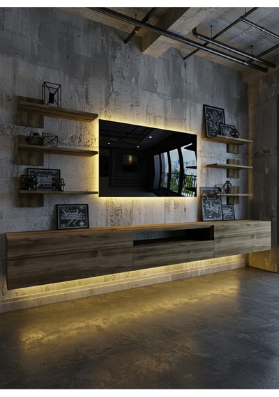 Resital Duvara Monte Ledli 270 Cm Tv Ünitesi Duvar Raflı - Ll6041 Ceviz